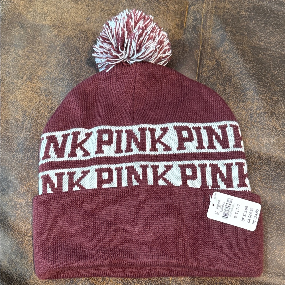 PINK Victoria's Secret Burgundy Beanie with Pom-Pom